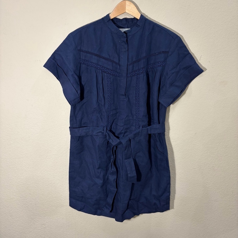 NWT Outerknown Women's Lace Trim Linen Blend Belted Button Shirt Dress Navy Cute